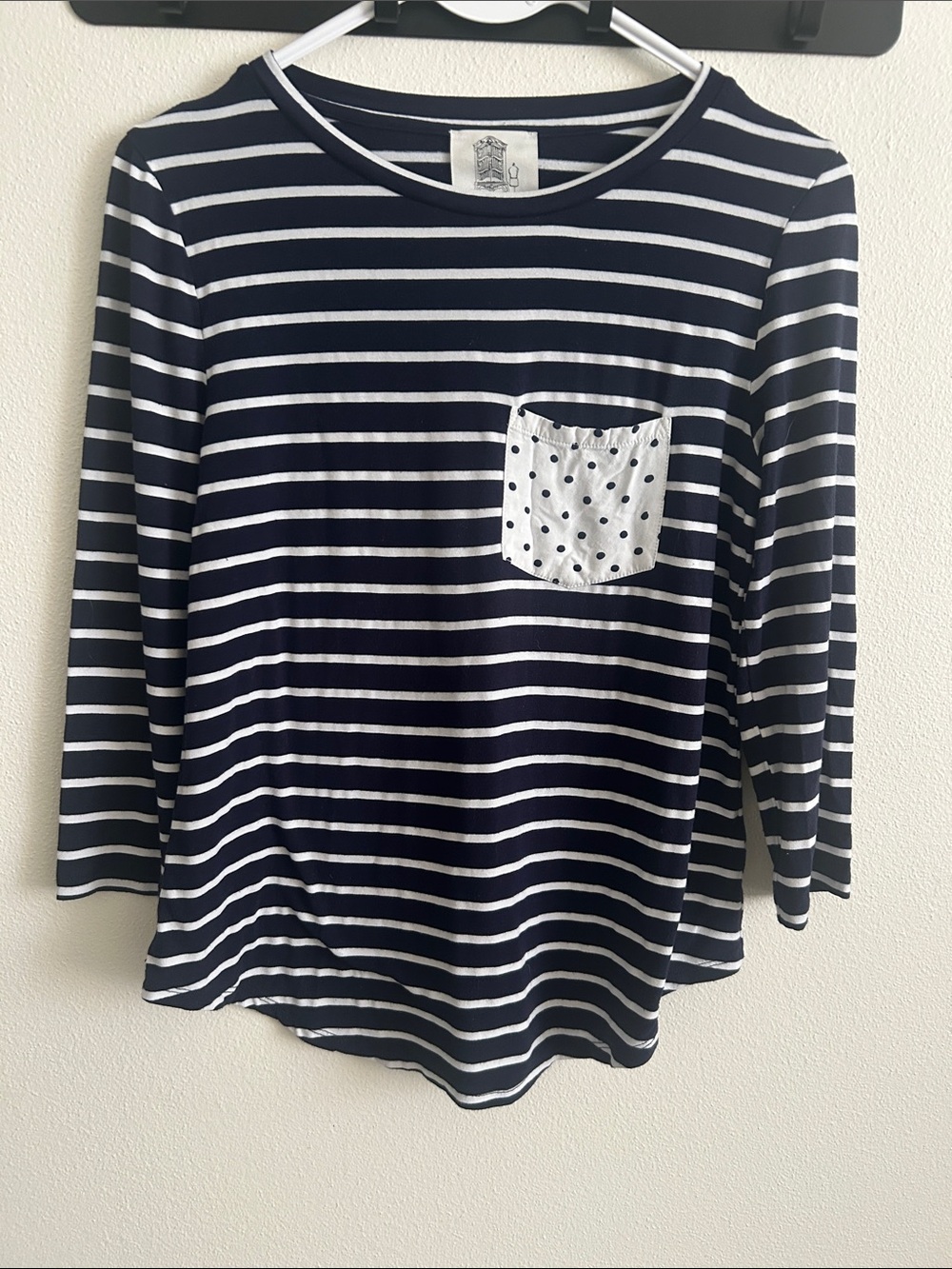 Striped XS Navy/ White Polka Dot Pocket Tee 3/4 Sleeve Round Hem Women
